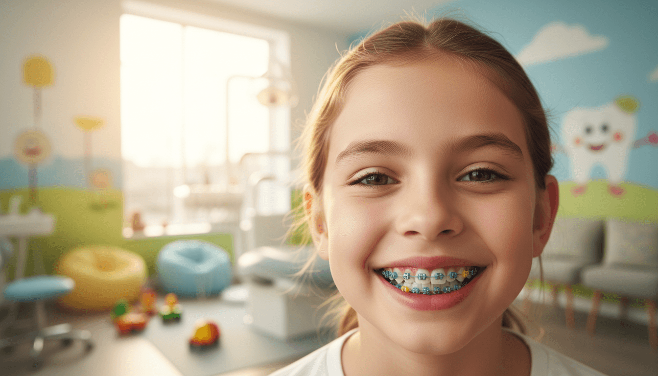 Orthodontic treatment - child with braces smiling confidently