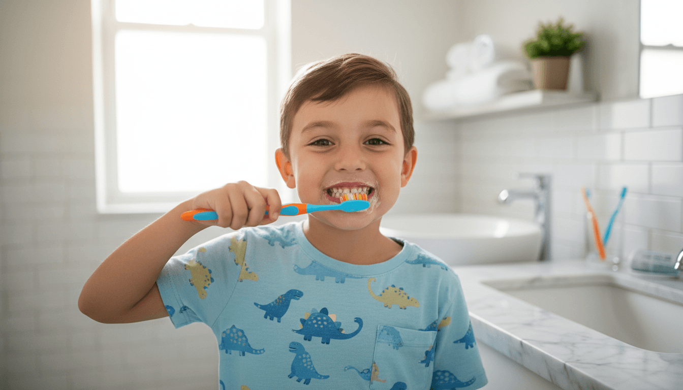 Preventive dental care - child brushing teeth happily